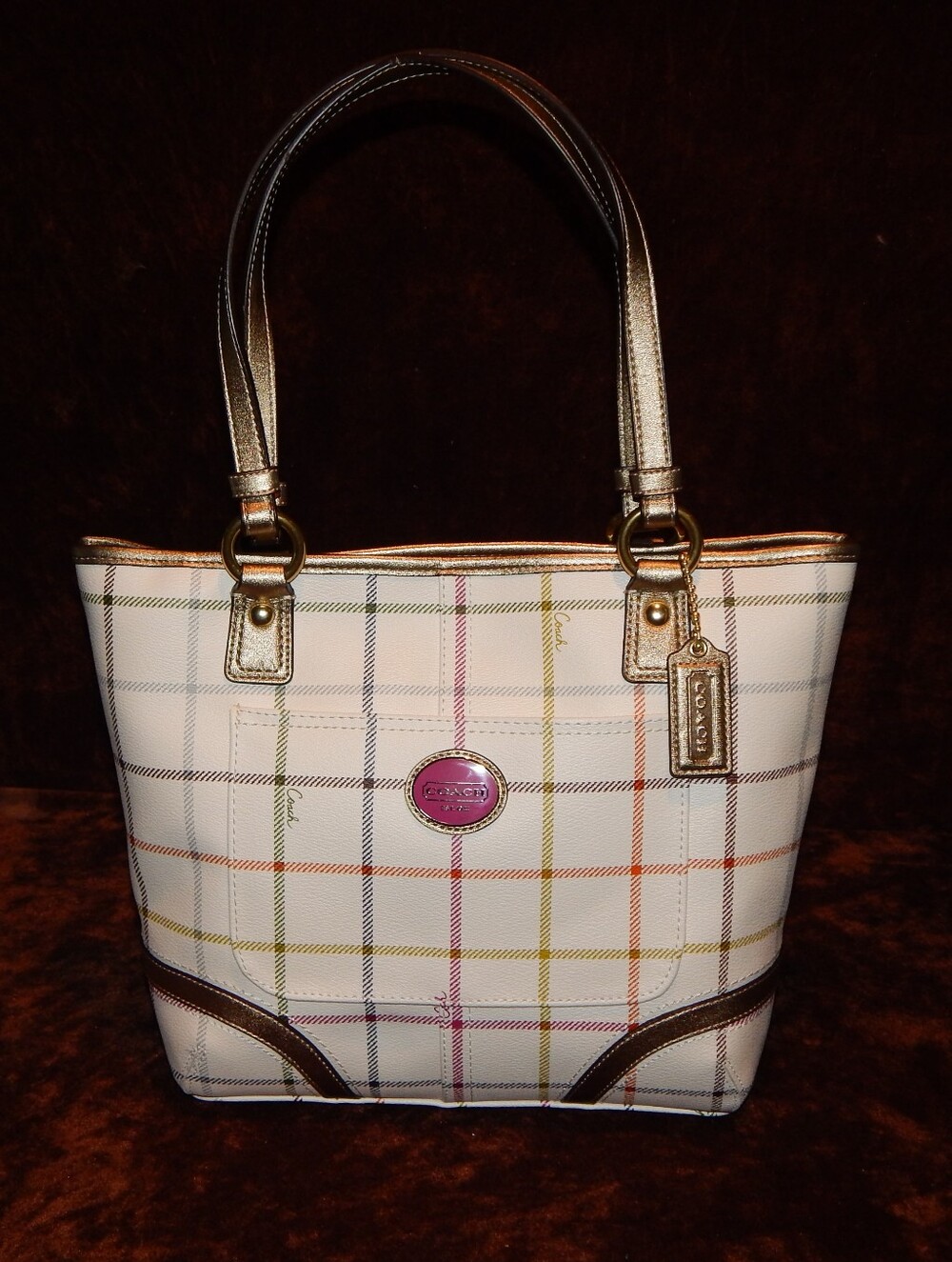 Coach White Plaid Tote with Multicolor Lines and Gold Trim